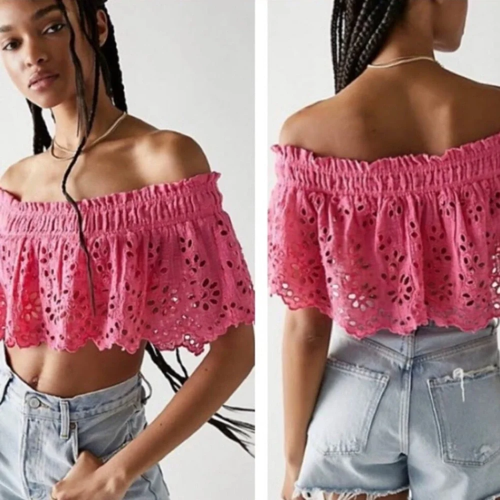 NWOT FP One Perla Eyelet Lace Off-shoulder Hot Pink Crop Top